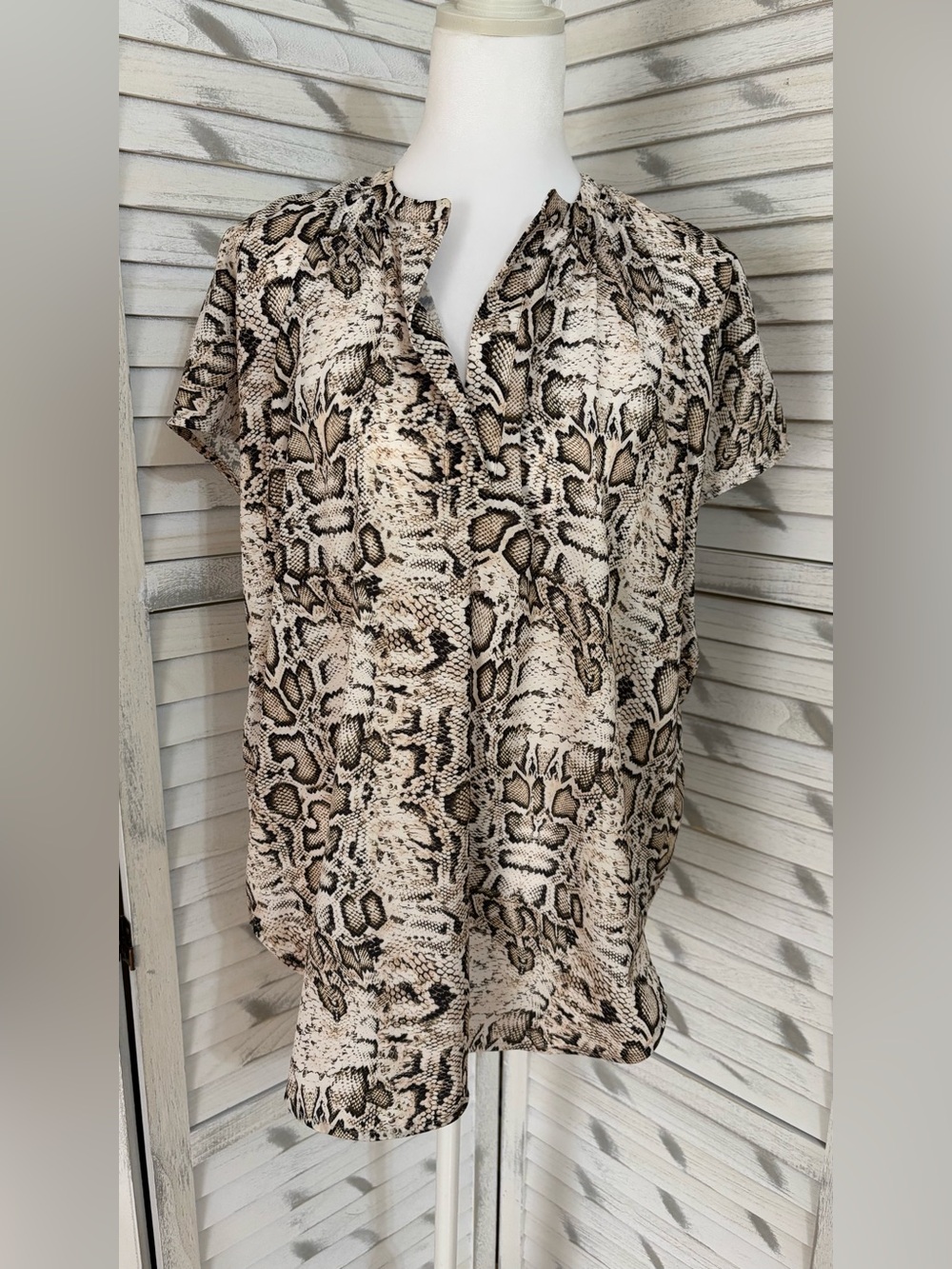 Halston Heritage Snake-Print Cap Sleeve Top in Beige and Brown